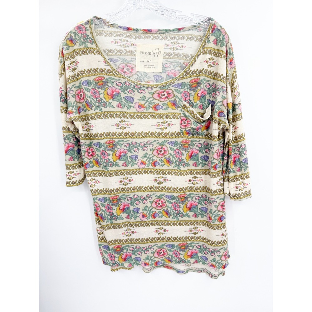 We The Free Free People Floral Stripe  Top Ivory Pink 3/4 Sleeve Small